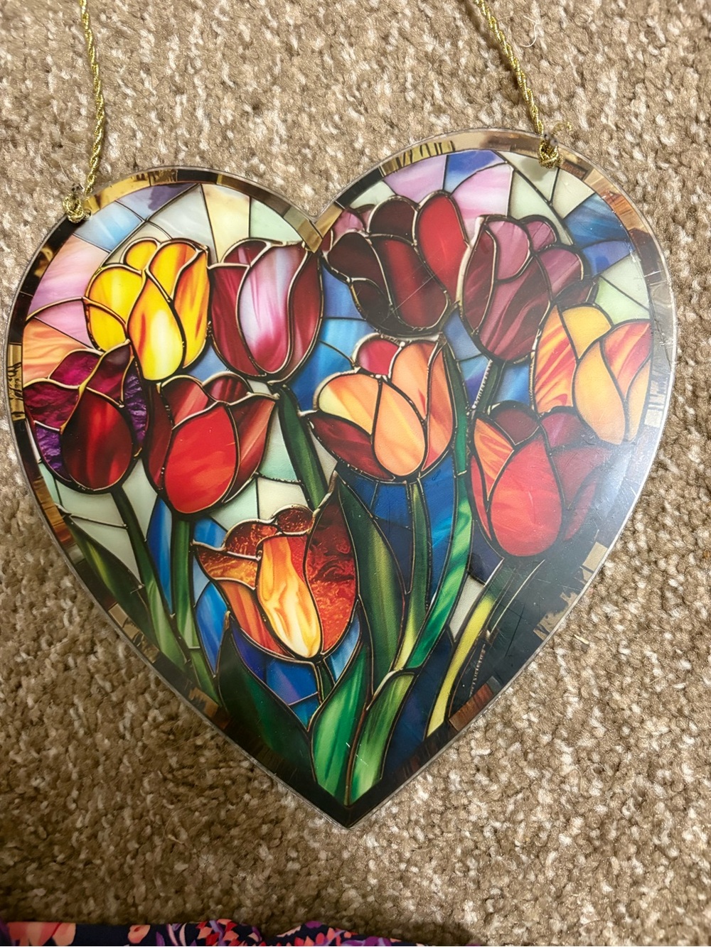 Heart-Shaped Tulip Stained-Glass Wall Art - Vibrant Multicolor Sun Catcher